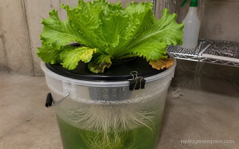 A Kratky bucket setup with a semi-transparent bucket showing long white roots hanging into nutrient water, with a lettuce plant on top