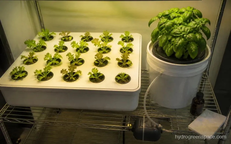 Side-by-side comparison of a 20-pod hydroponic system next to a DWC bucket kit showing the size and setup difference