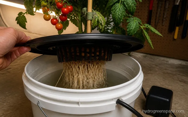 A DWC hydroponic system with a tomato plant showing developed roots hanging into the reservoir and visible fruit on the plant