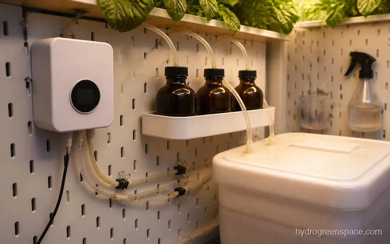 A Growee automated nutrient dosing controller mounted near a hydroponic reservoir with tubing connected