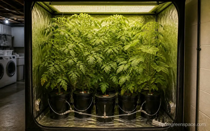 A 3x3 grow tent with a hydroponic system inside and multiple large vegetable plants growing under LED lighting