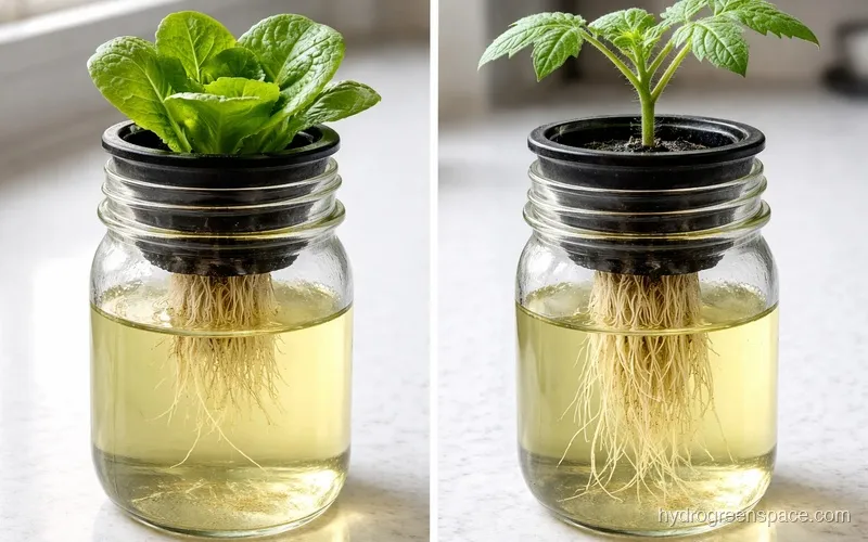 side-by-side comparison of a lettuce plant and a tomato plant growing in hydroponic net cups at different root depths