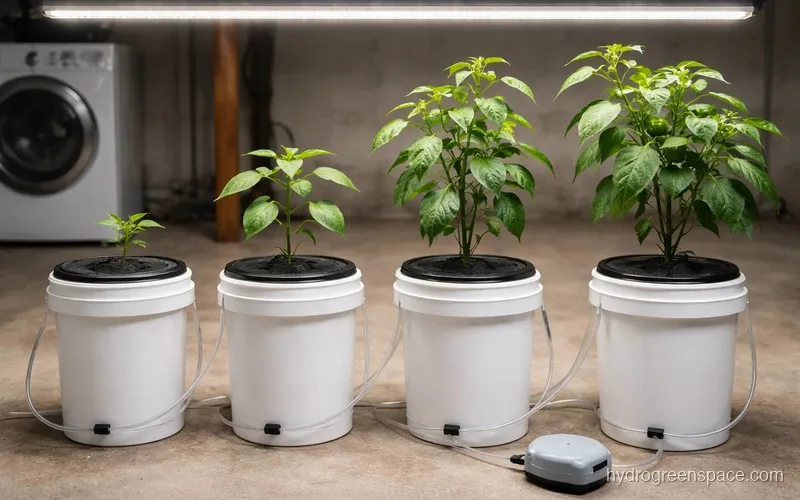 four-bucket DWC hydroponic setup with tomato plants at different growth stages, air lines and reservoir visible