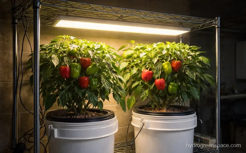LED grow light panel mounted above a hydroponic system with fruiting pepper plants under it