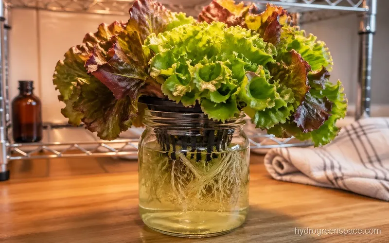 Loose-leaf hydroponic lettuce in a Kratky jar with visible green and red leaves ready to harvest