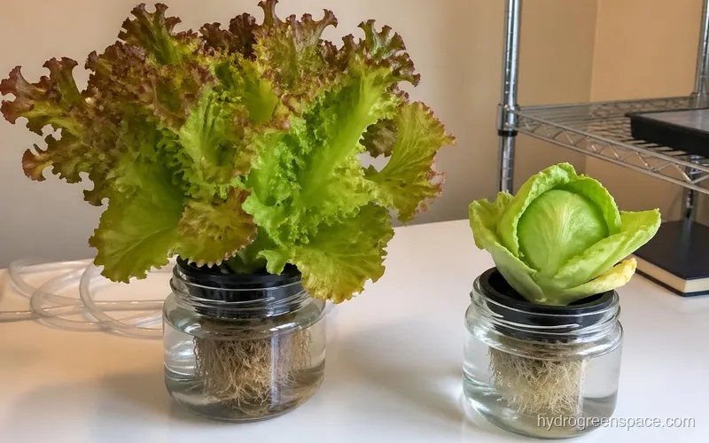 Side-by-side comparison of loose-leaf lettuce and iceberg lettuce in similar hydroponic setups, showing the size difference and growth stage difference