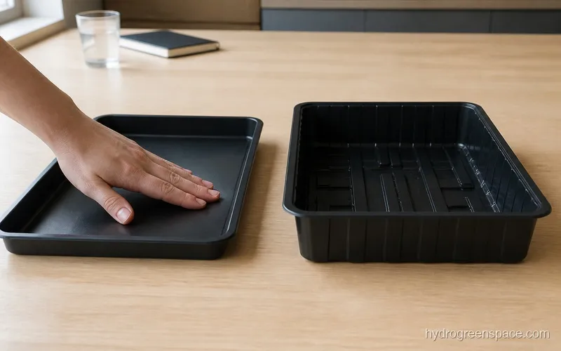 Side-by-side comparison of a thin flimsy propagation tray versus a thick heavy-duty 1020 tray showing the difference in rigidity