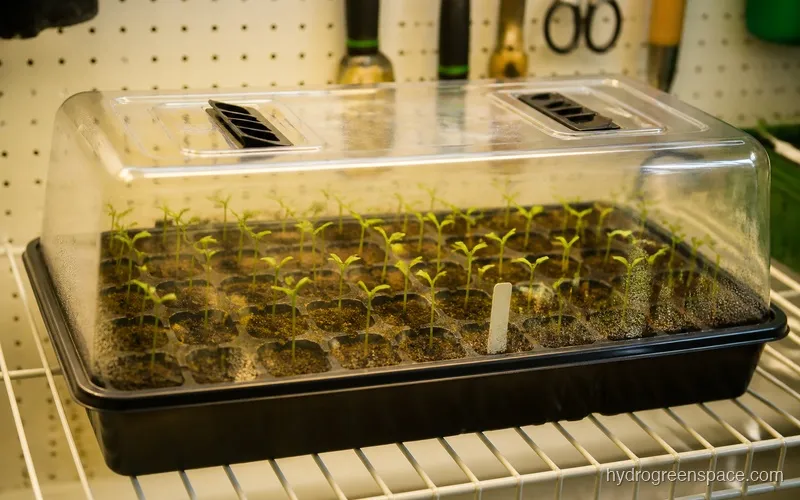 Propagation tray with humidity dome showing vent slots open and seedlings visible through the clear dome