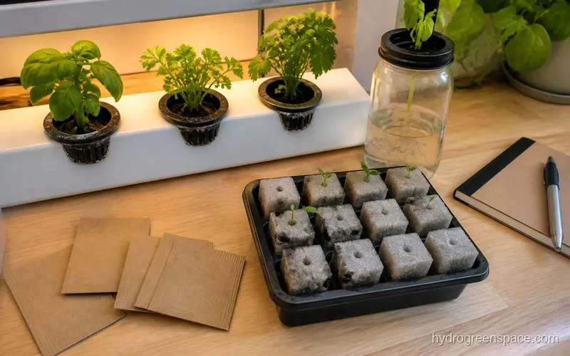 Seed packets and rockwool starter cubes laid out next to a small NFT channel and a Kratky jar