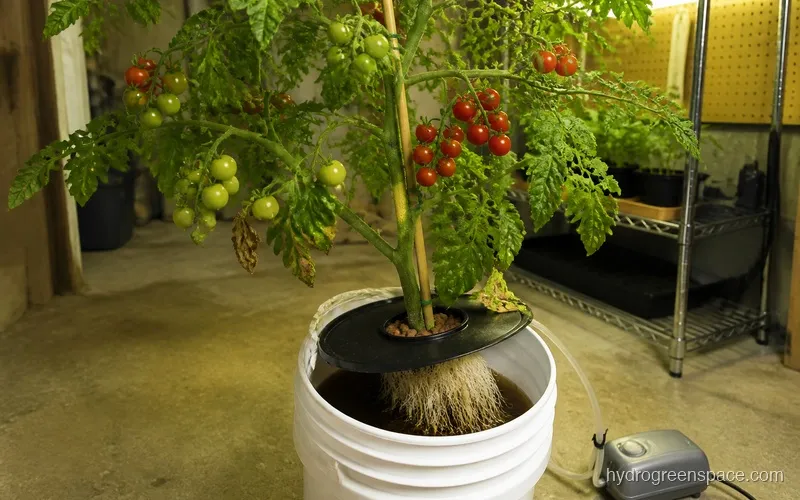 Cherry tomato plant in a 5-gallon DWC bucket with visible white root mass and multiple clusters of ripe and unripe tomatoes