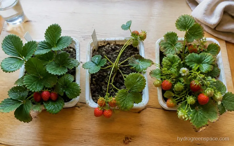 Side-by-side comparison of three strawberry plant growth habits showing June-bearing, everbearing, and day-neutral fruiting patterns on a timeline