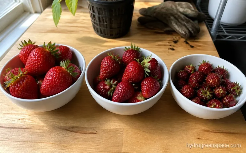 Three freshly harvested day-neutral strawberry varieties in separate bowls showing differences in fruit size and color