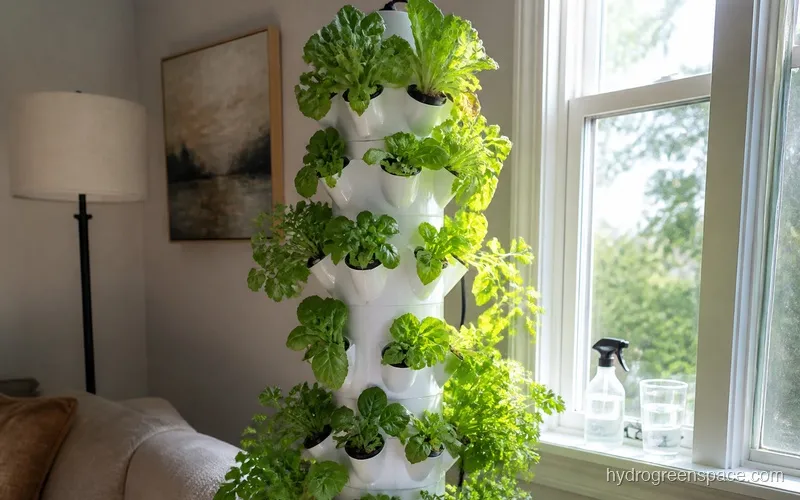 Aeroponic tower with herbs and lettuce growing near a window