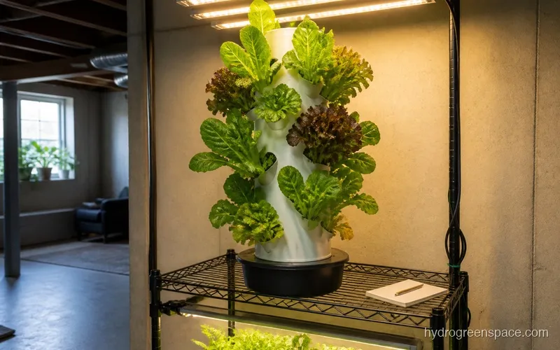 EXO vertical tower with leafy greens growing in an indoor setting with grow lights overhead