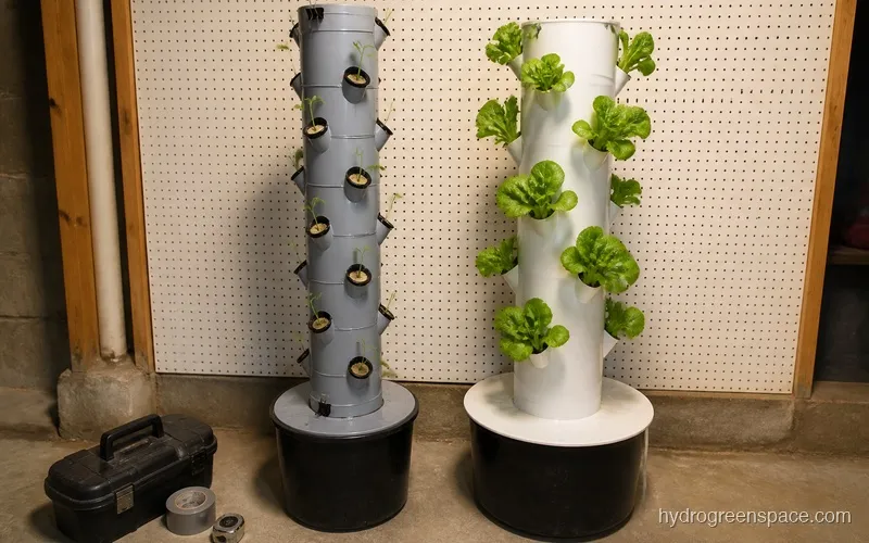 DIY PVC vertical hydroponic tower with net cups inserted, sitting next to a purchased tower system for comparison