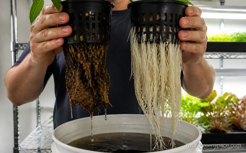 Hand holding a net pot with visible roots next to a healthy white root system for comparison