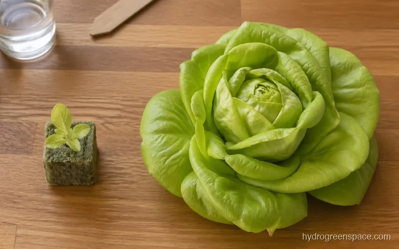 Butter lettuce seedling in rockwool cube next to a mature butterhead head, showing the growth progression