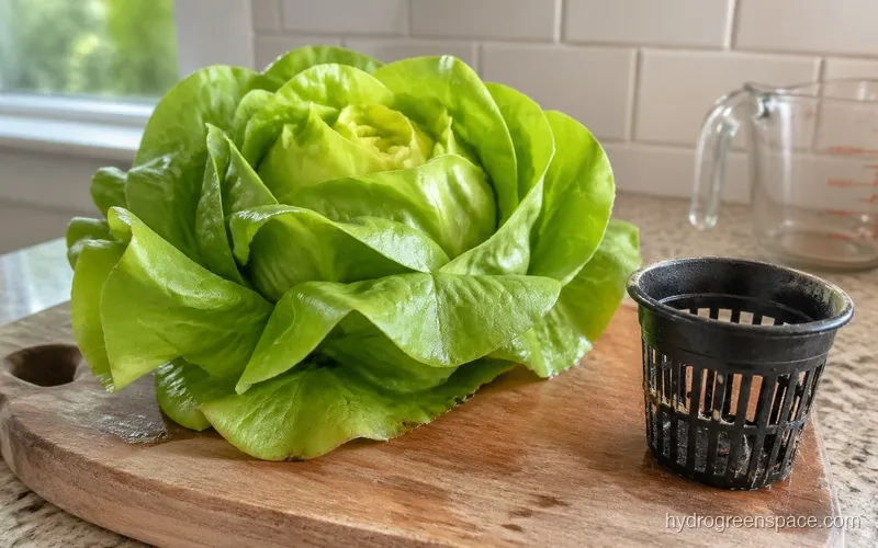 Freshly harvested butterhead lettuce head on a cutting board next to a hydroponic net pot
