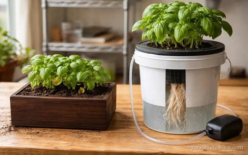 Side-by-side comparison of a soil growing bed and a deep water culture hydroponic reservoir with plant roots visible