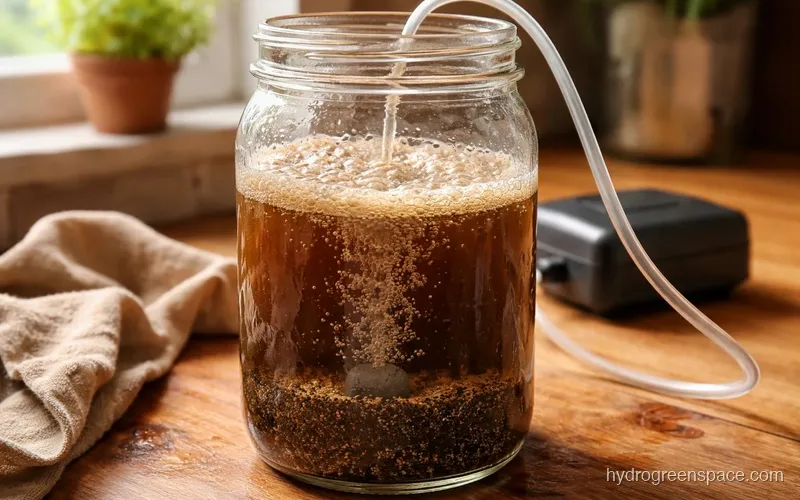 Mason jar of vermicompost tea being aerated with a small air pump and air stone, worm castings visible in the bottom
