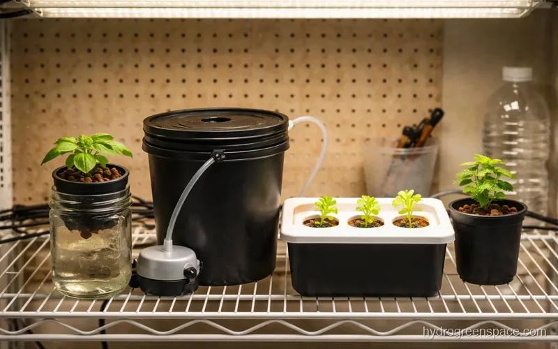 Four beginner hydroponic setups side by side on a wire shelf