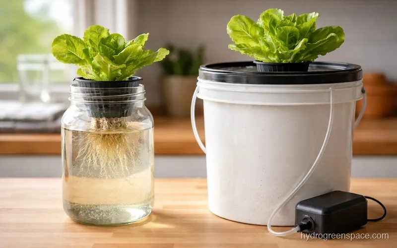 Kratky mason jar setup next to a 5-gallon DWC bucket on a kitchen counter