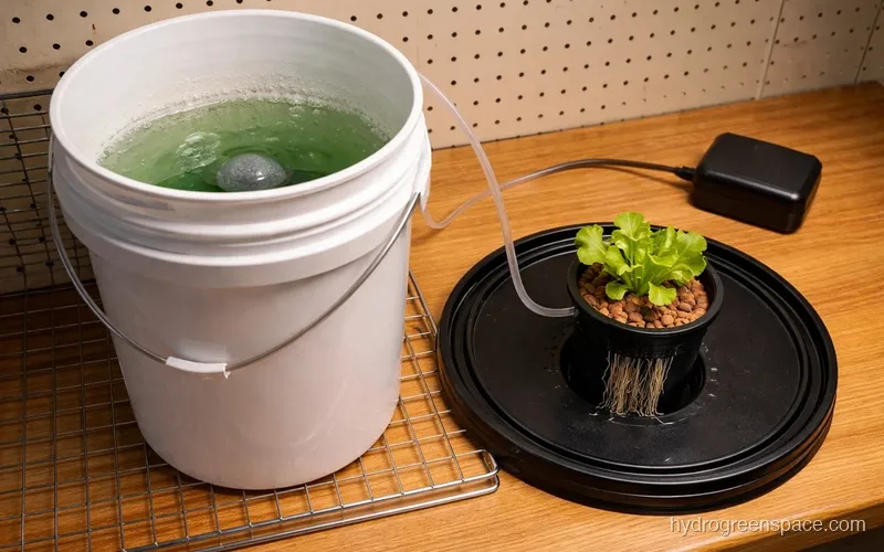 Inside a DWC bucket showing net pot, clay pebbles, roots, air stone, and nutrient solution