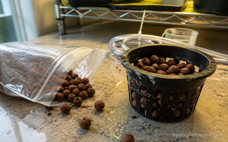 Bag of clay pebbles next to a net pot filled with clay pebbles showing the pellet texture and porous surface