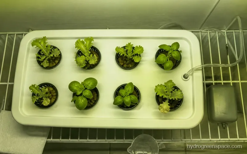 Overhead view of a small DWC multi-site system with net pots and green seedlings fitting inside a small closet space