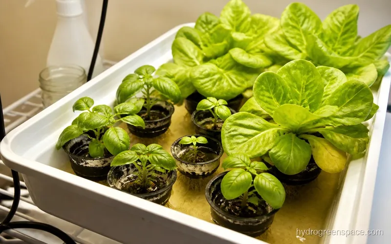 Small net pots with basil and lettuce seedlings at different growth stages showing a mix of crops in a compact hydroponic tray
