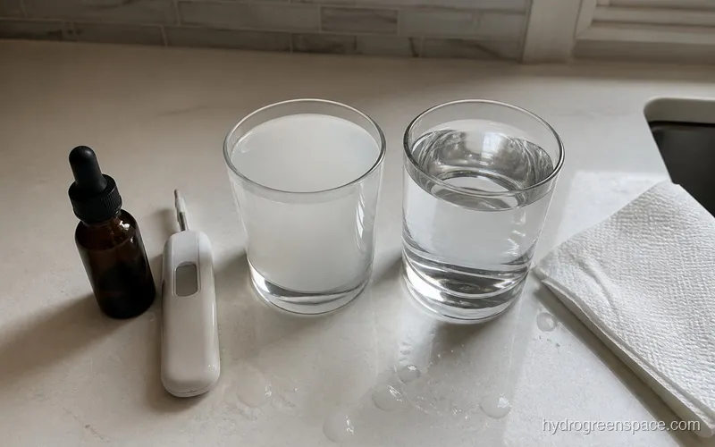 Two clear glasses side by side showing white milky water versus clear water, with a small bottle of silica supplement and pH meter nearby