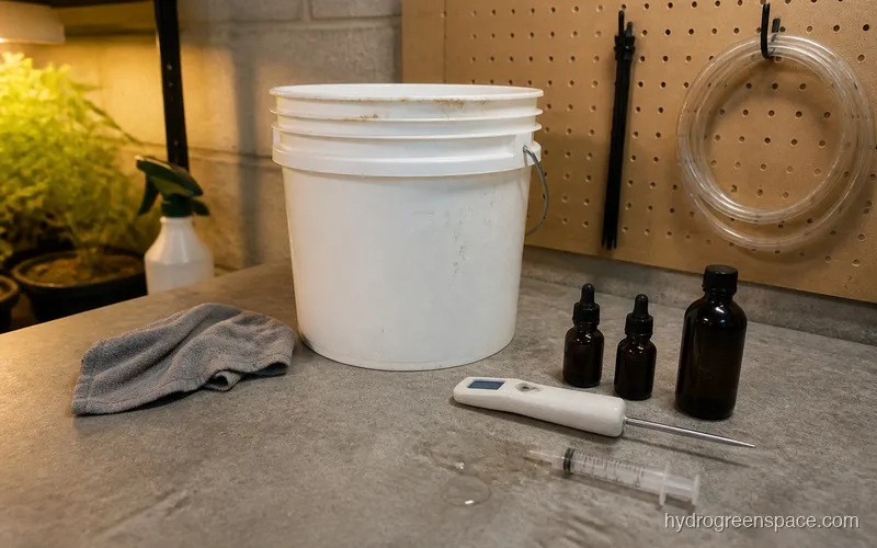 Organized reservoir change setup showing clean bucket, pH meter, nutrient bottles, measuring syringe, and fresh water