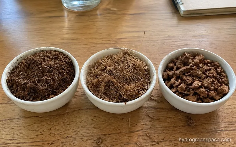 Three types of coco coir: pith, fiber, and chips side by side