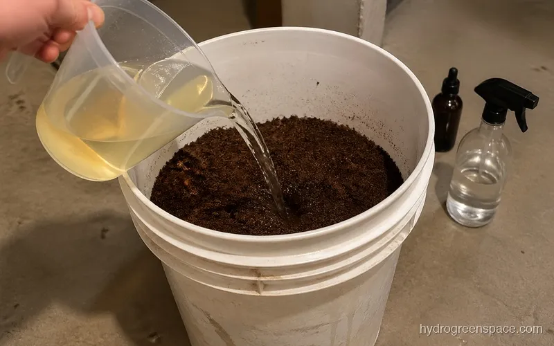 Cal-Mag solution being poured into coco coir during buffering