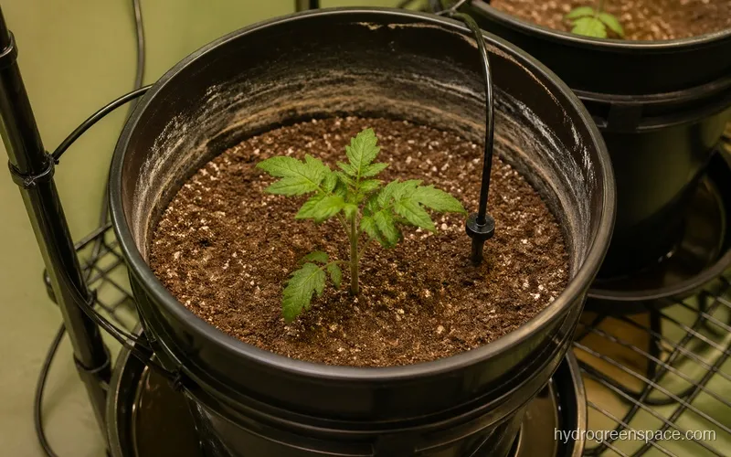 Dutch bucket filled with coco coir and perlite mix with drip emitter