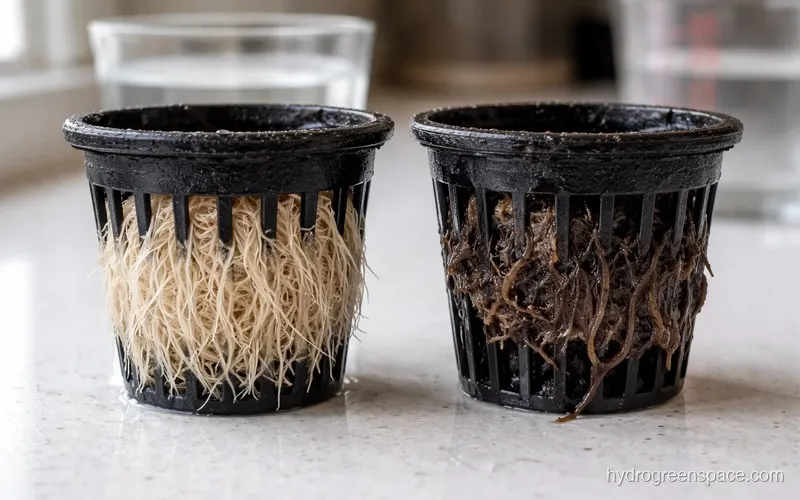 Healthy white roots versus brown root rot roots in net pots