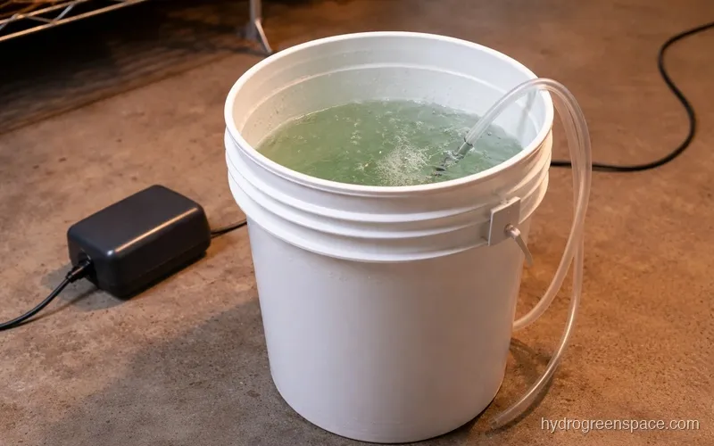 Aquarium air pump connected via tubing to air stone inside a hydroponic bucket reservoir