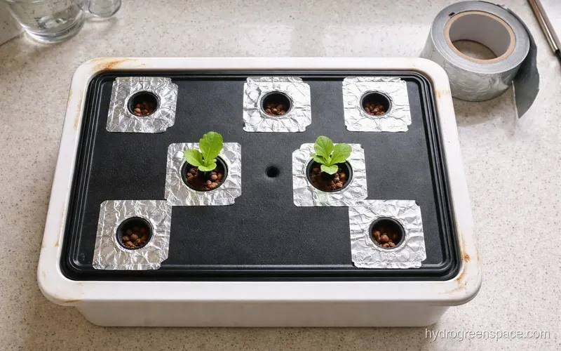 Hydroponic reservoir with opaque lid and foil-taped net pot holes blocking light to prevent algae