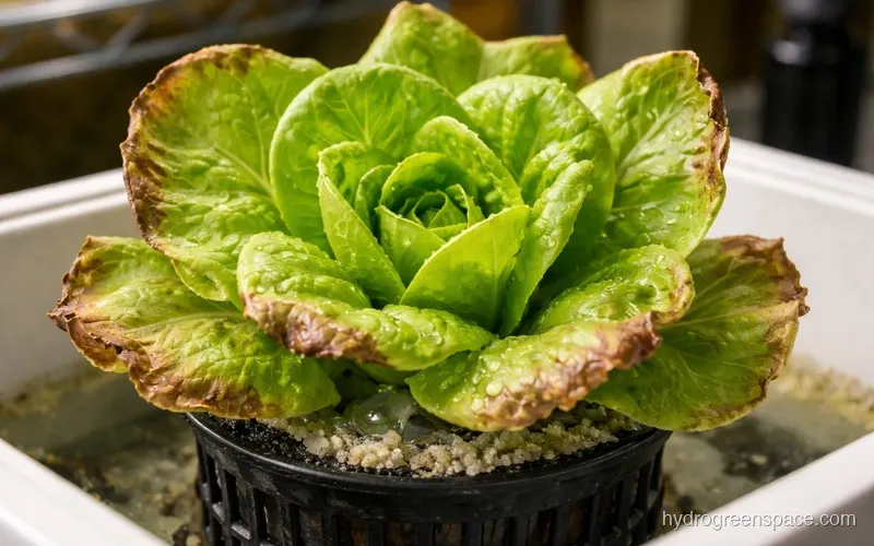 Hydroponic lettuce leaves showing brown crispy tips from nutrient burn