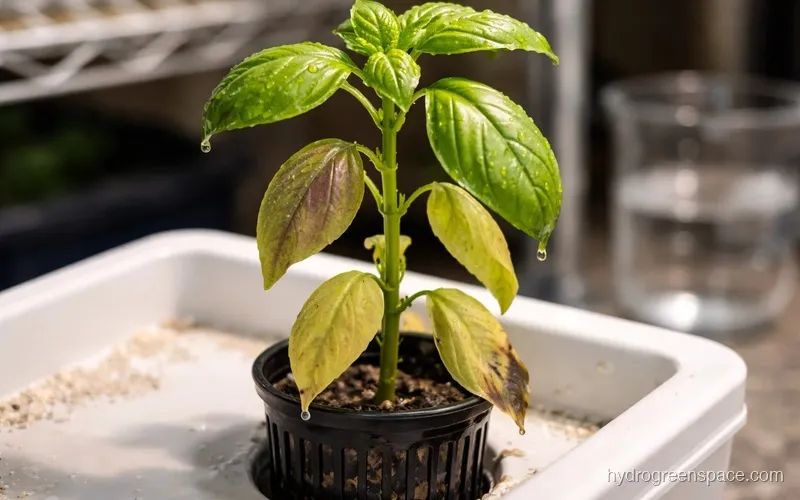 Hydroponic plant leaves showing different stages of yellowing at different leaf positions