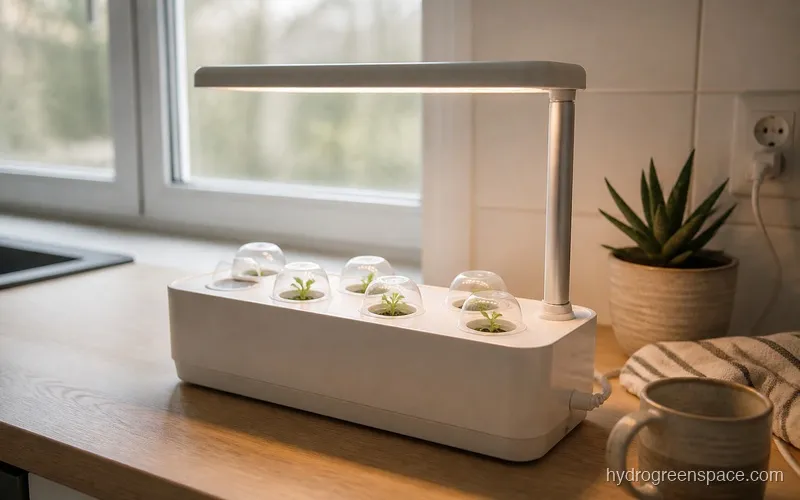 CRZDeal 6-pod hydroponic garden fully assembled with clear dome covers over all six pods on a kitchen counter