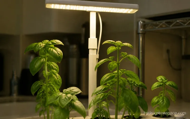 Close-up of adjustable telescoping grow light pole extended above thriving basil plants in a countertop hydroponic system