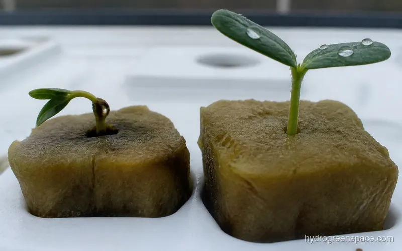 Close-up of damping off seedlings showing the pinched stem at the plug surface compared to a healthy seedling