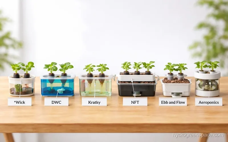 Comparison of all 7 types of hydroponic systems side by side including wick, DWC, Kratky, NFT, ebb and flow, drip, and aeroponics