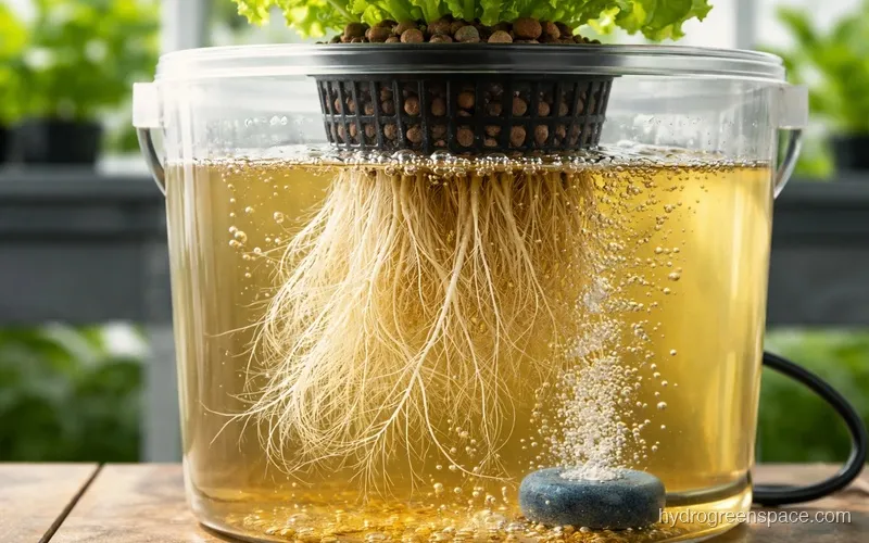 Deep water culture DWC hydroponic setup showing white plant roots submerged in nutrient solution with air bubbles