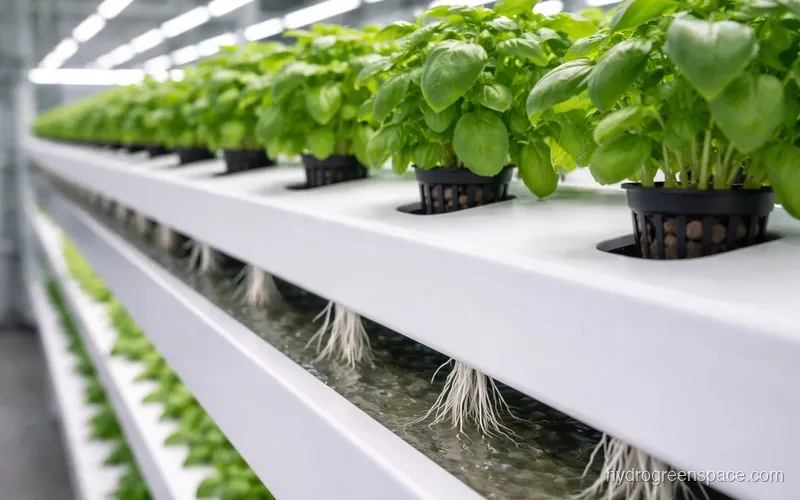 NFT nutrient film technique hydroponic channel system with herbs growing and roots visible in flowing water