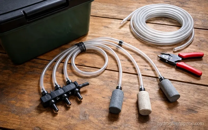 Airline tubing splitter gang valve with multiple small air stones connected, laid out next to a nutrient reservoir