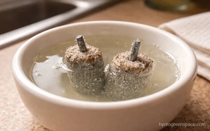 Air stone soaking in vinegar solution in a small bowl, with mineral residue visible on the surface of the stone before cleaning