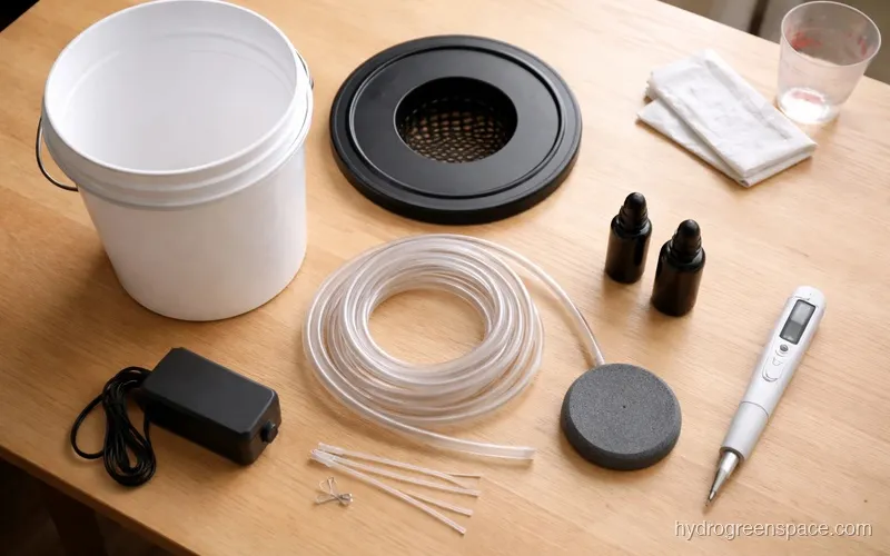 All DWC build components laid out flat on a table, including bucket, net pot, air pump, air stone, tubing, and small bottles of nutrients