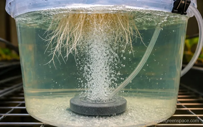 Close-up of air stone bubbling at the bottom of a clear bucket showing visible bubble distribution around plant roots